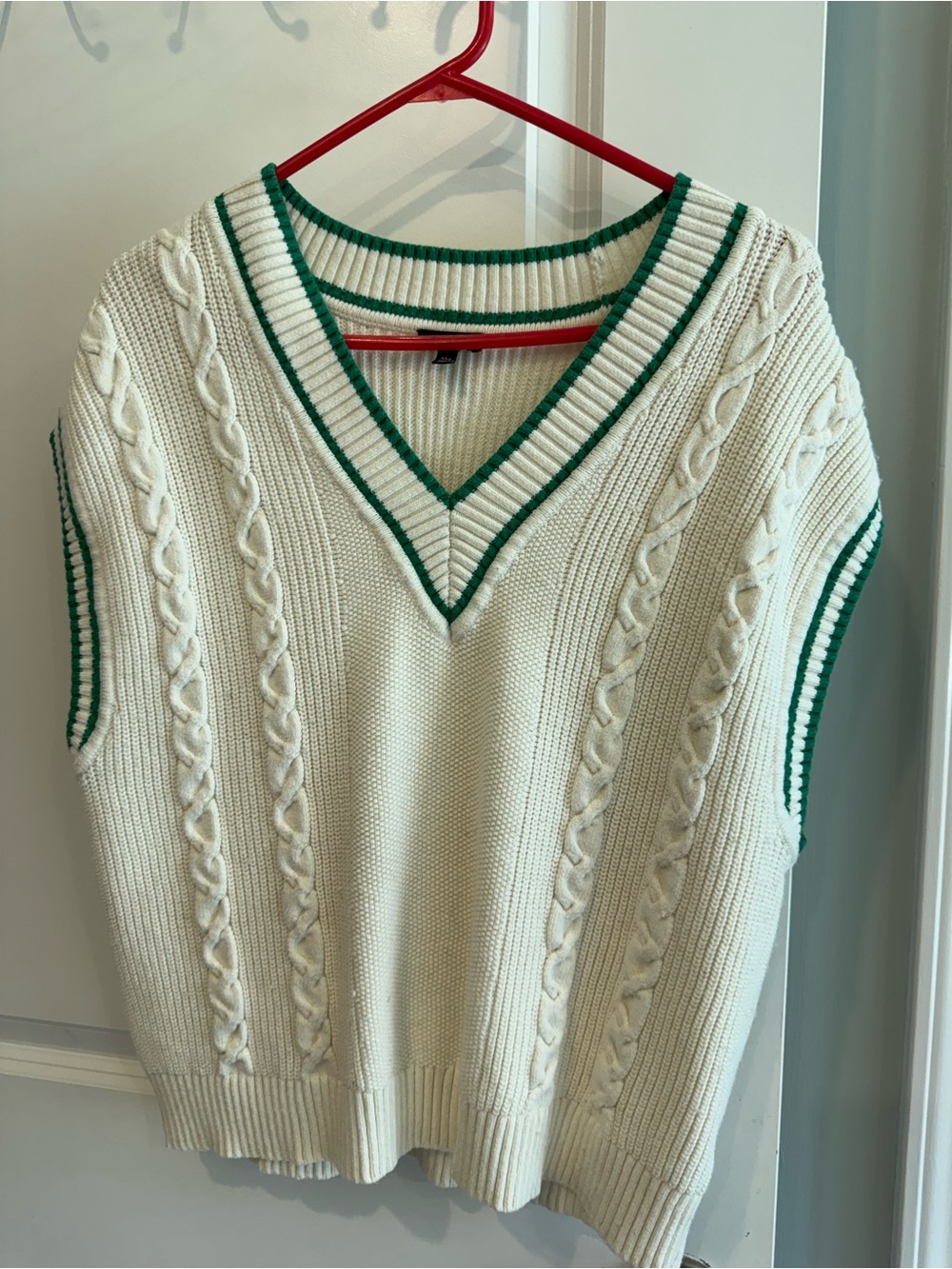 Talbots Cream Cable-Knit V-Neck Sweater Vest with Green Trim